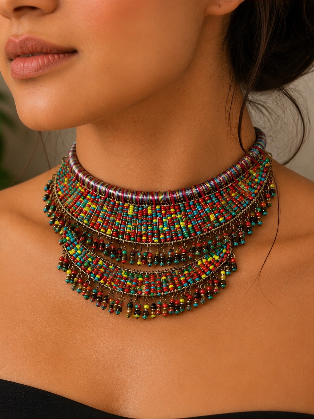 Women’s Boho Tribal Handmade Multicolor Seed Beaded layered choker Necklace